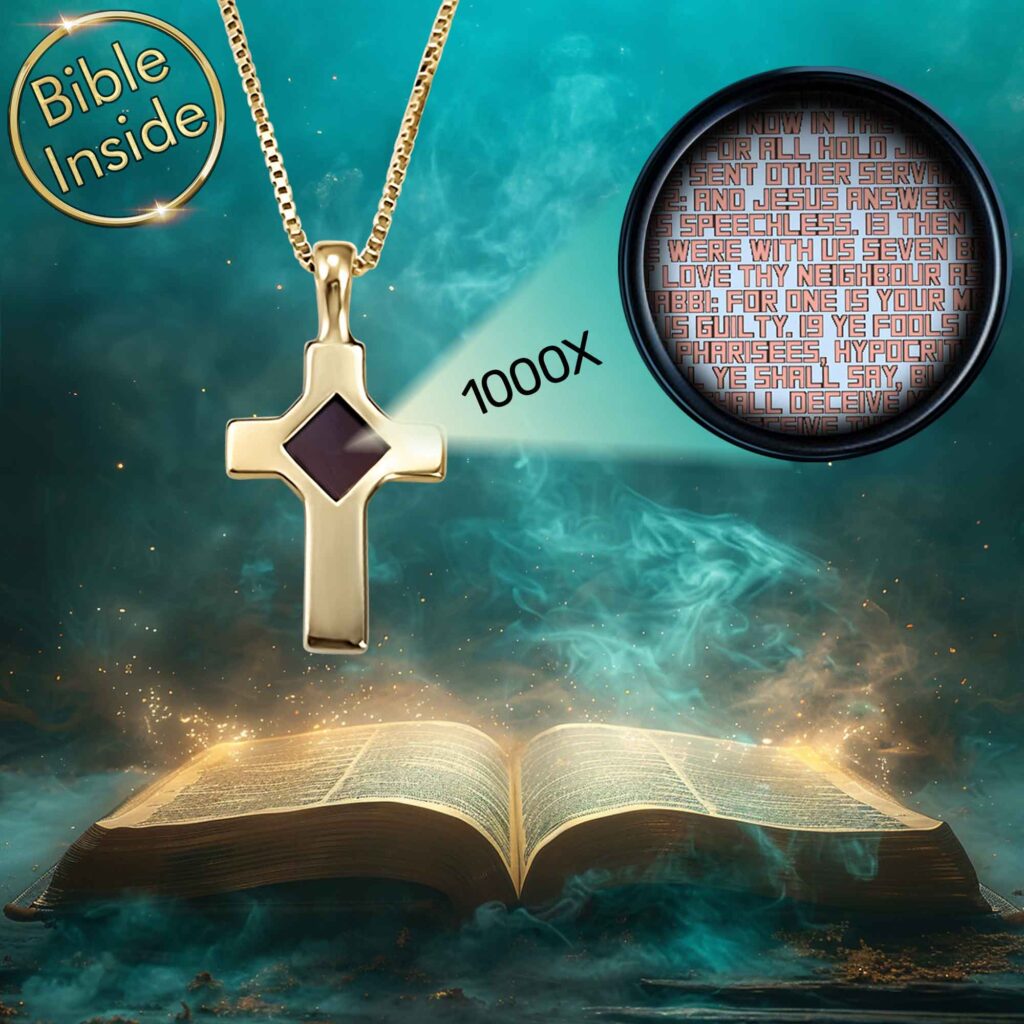 Bible Verse Gifts Golden Cross Pendant With Magnified Holy Text by My Nano Jewelry